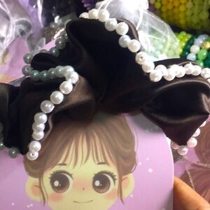 03 Mocha XL Satin Scrunchie with Faux Pearl Accent
